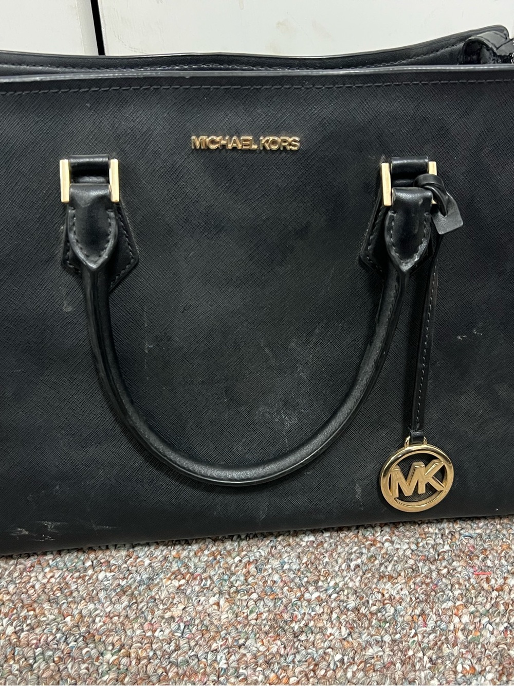 Michael Kors Black Leather Crossbody Satchel with Gold MK Charm